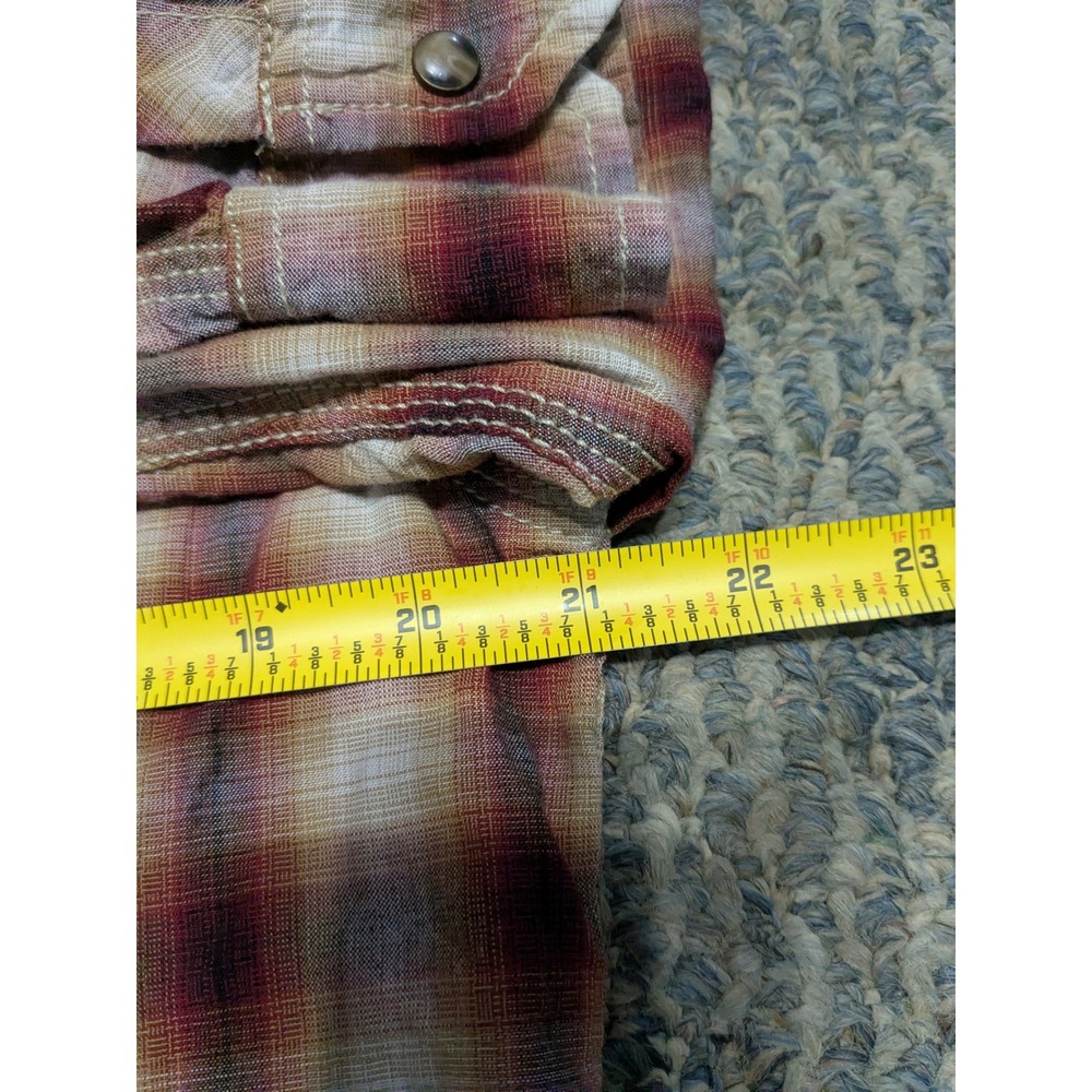 Arizona Jean Company Mens Western Plaid Snap Button Shirt Burgundy Tan Medium - Picture 5 of 6